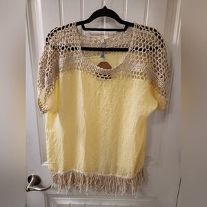 KORI America Crochet Lace Fringe Top Size Small Yellow Boho Beachy